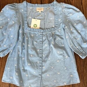 Sézane Kellia Denim Embroidered Blouse Size 34 US 2 NWT